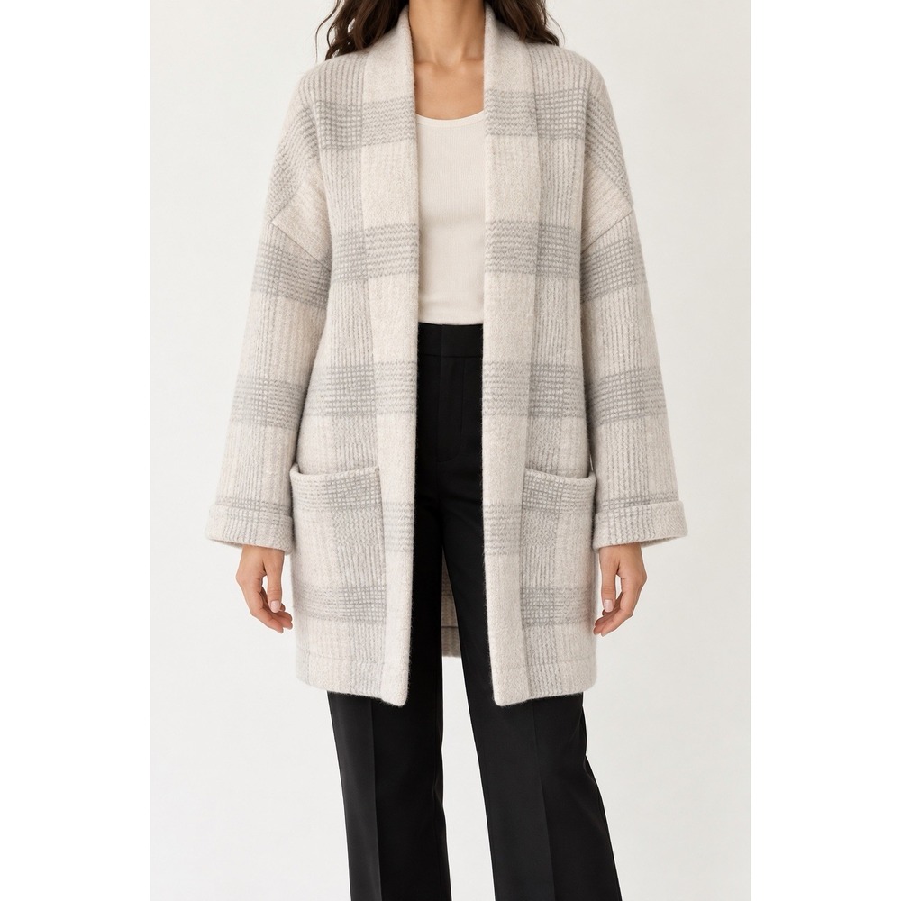 Aritzia Wilfred Merino Wool Plaid Open Front Cardigan Women's M Cream Gray